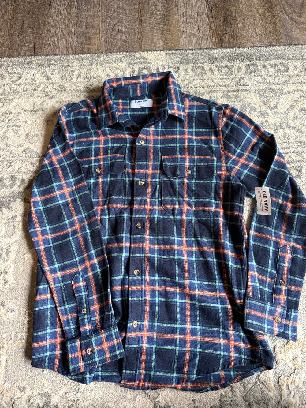 Old Navy Navy Plaid Button-Up Shirt with Orange and Teal Stripes NWT